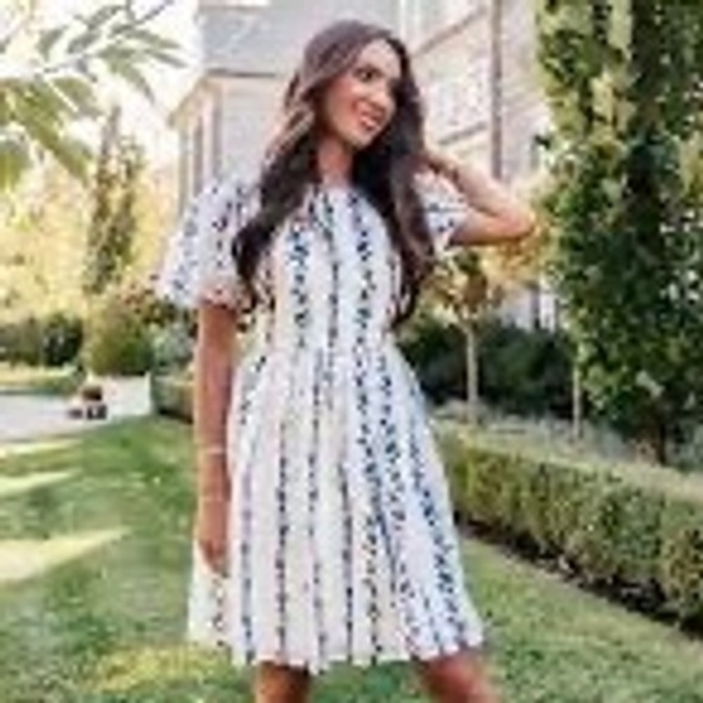 JessaKae x Fox Group Cara Dress Women 2X White Blue Floral Stripe Cottagecore